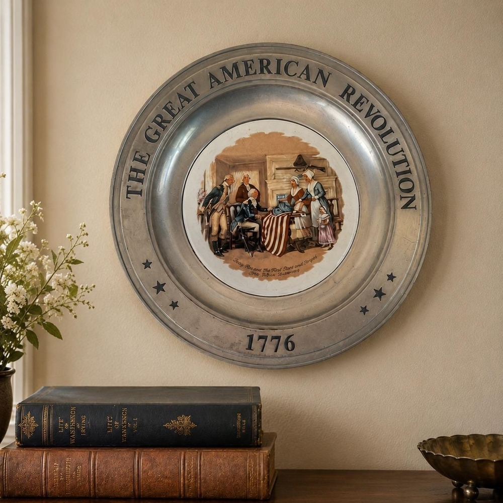 Vintage Pewter Plate - Betsy Ross Bicentennial 1776 - Canton Ohio - 10.5in